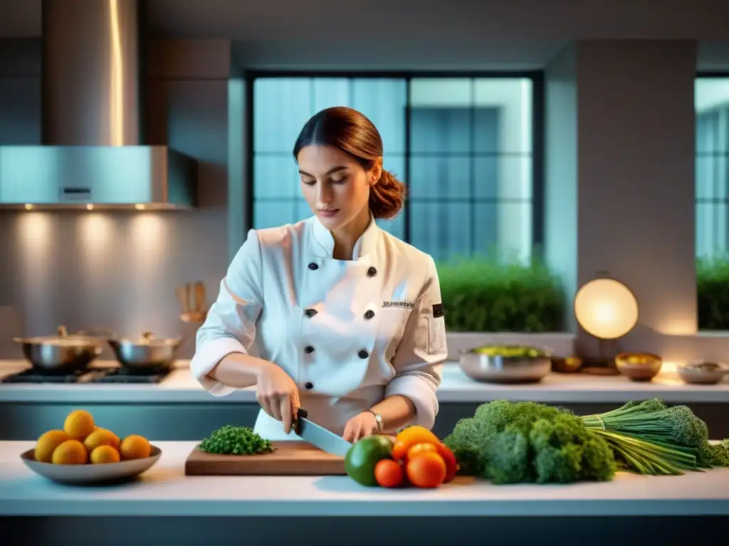 Anne-Sophie Pic en su cocina francesa, rodeada de ingredientes vibrantes en una escena culinaria detallada