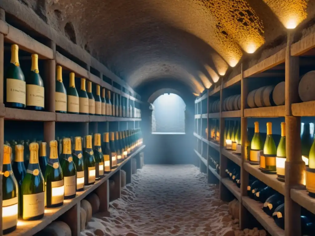 Antigua bodega de Champagne en Francia, con botellas apiladas y polvorientas