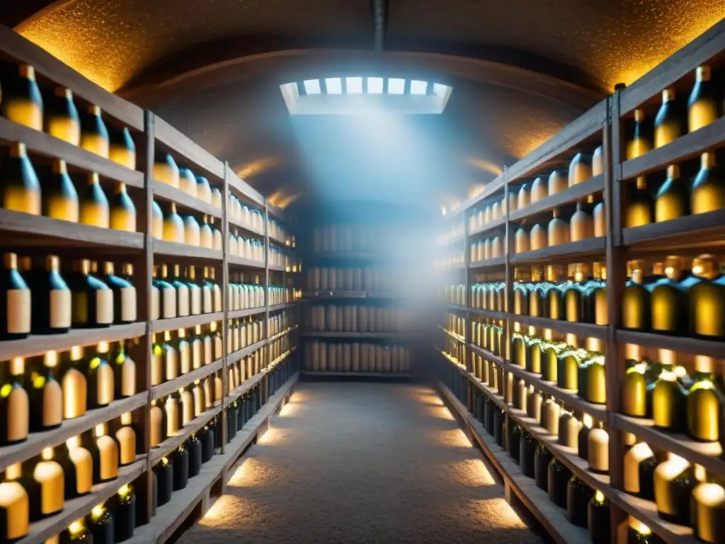 Antigua bodega de champaña francesa con botellas envejeciendo, iluminada por rayos de sol