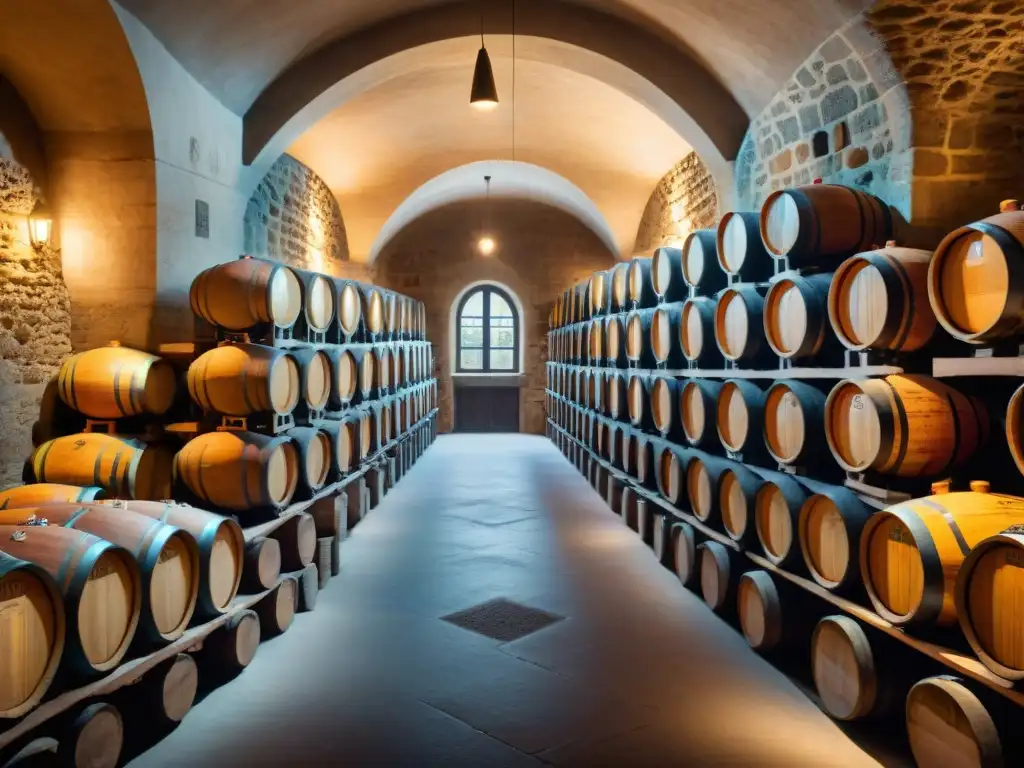 Antigua bodega francesa en Burdeos con barricas de vino y botellas cubiertas de polvo, iluminadas por suave luz