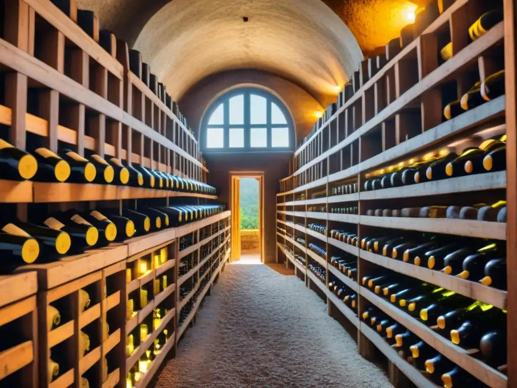 Antigua bodega francesa en Jura con filas de botellas de Vin Jaune en estantes de madera, bañadas por luz solar