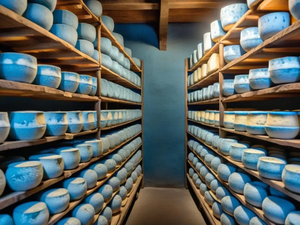 Antigua bodega francesa con quesos azules en evolución, mostrando la tradición y el encanto rústico