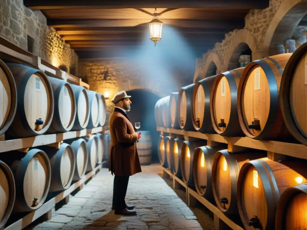 Antigua bodega francesa con vinos fermentados en barricas de roble, iluminada por linternas, revelando tradición y artesanía