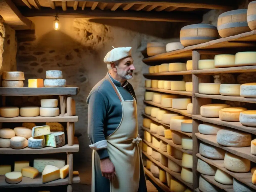 Antigua bodega de piedra en campo francés con quesos envejecidos en estantes de madera