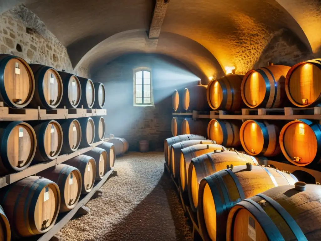 Antigua bodega de piedra en la región de Cognac, Francia, llena de barricas de cognac dorado envejecido, iluminadas por luz cálida