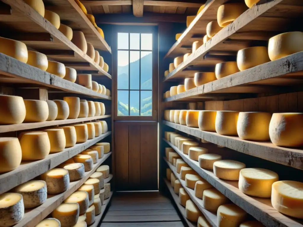 Antigua bodega de queso en los Alpes franceses con ruedas de Tomme de Savoie envejeciendo, destacando el sabor rústico Tomme de Savoie