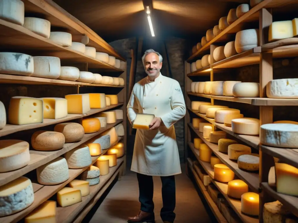 Antigua bodega de queso francés con ruedas de Brie, Camembert, Roquefort y Comté envejeciendo, historia queso francés evolución culinaria