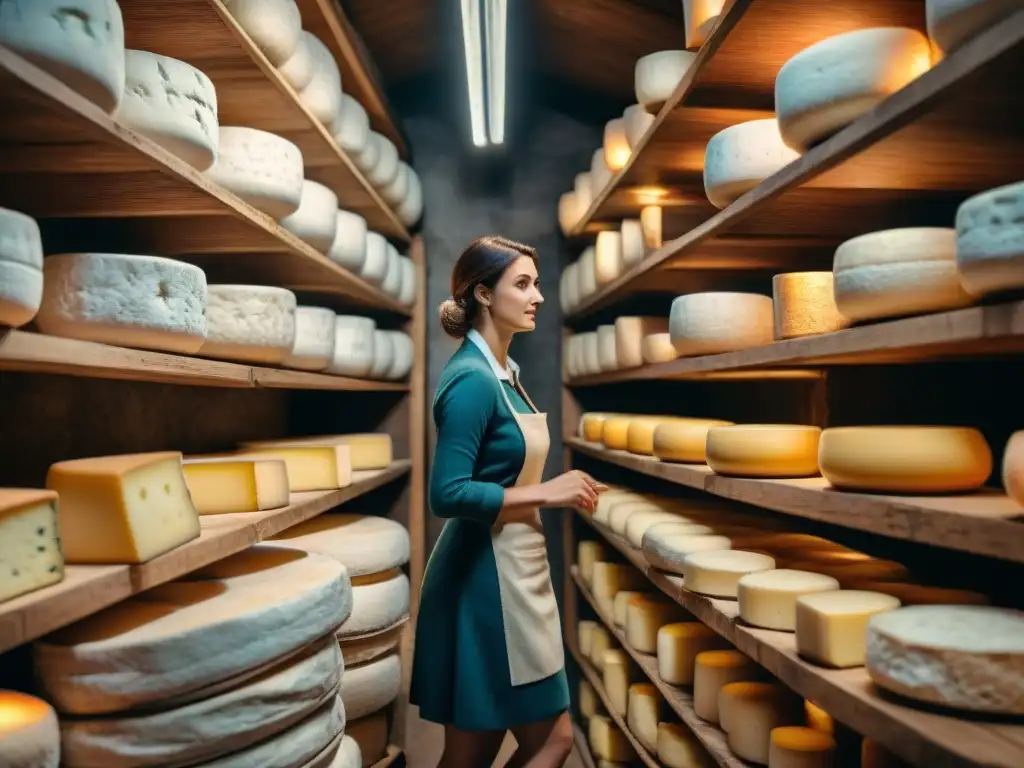 Antigua bodega de queso francés con ruedas de queso en estantes de madera, mostrando la rica historia del queso francés