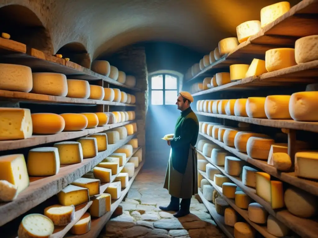 Antigua bodega de queso francés con ruedas de queso envejecido, iluminada por velas