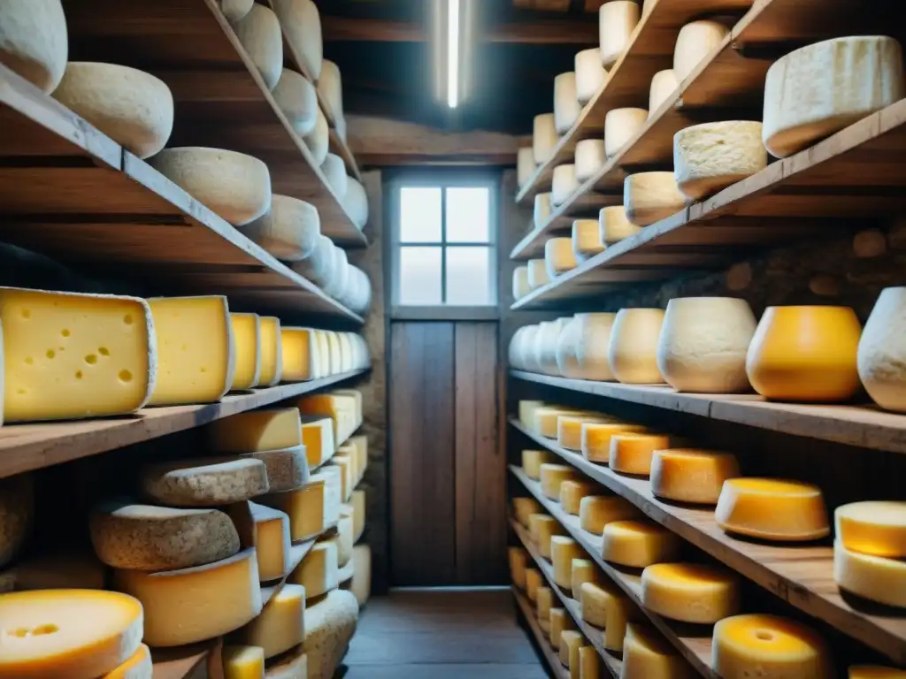 Antigua bodega de queso francés con velas, quesos maduros y mohos de colores