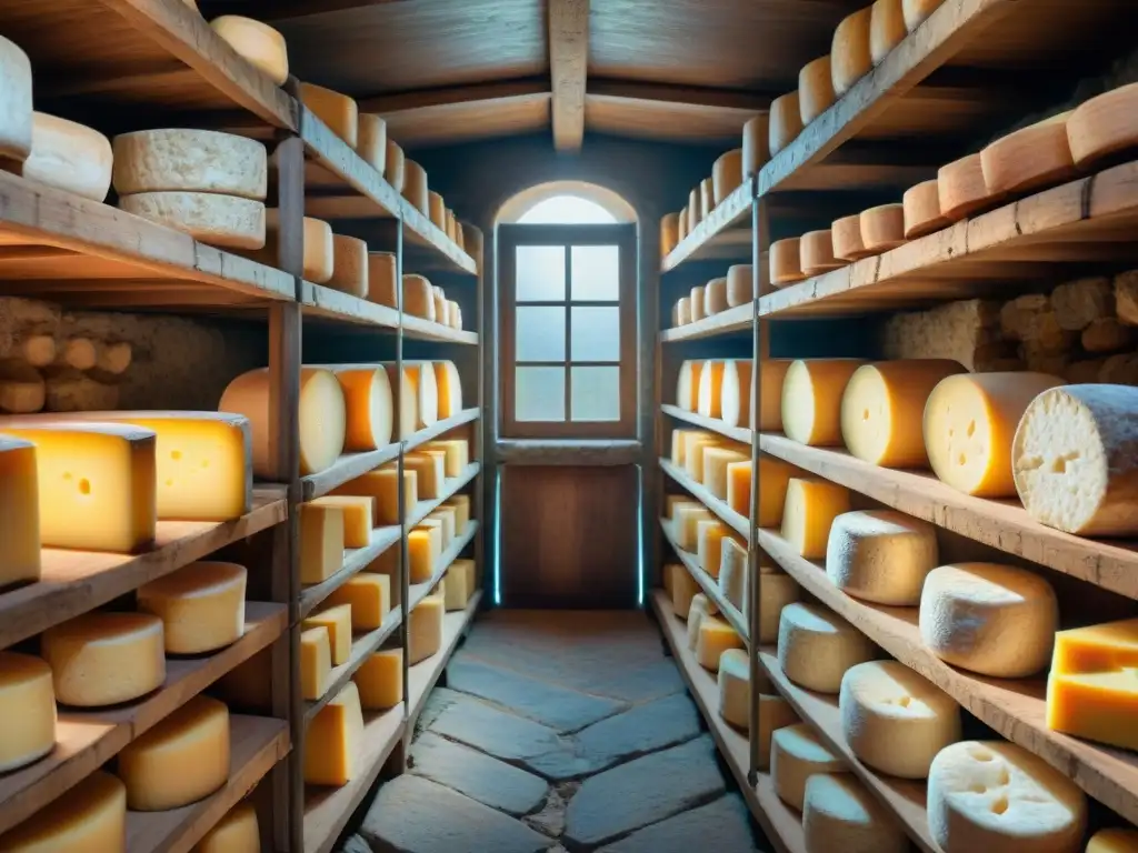 Antigua bodega de queso francés con quesos envejecidos y moho, evocando historia y tradición