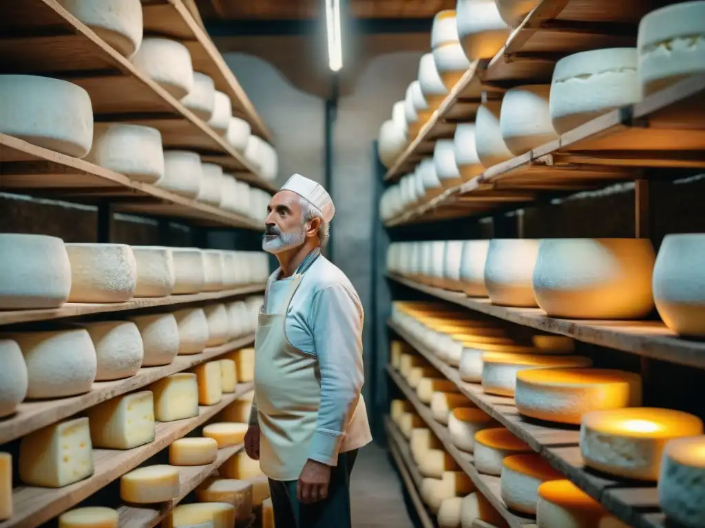 Antigua bodega de queso Roquefort en Francia, con ruedas de queso en estantes de madera, iluminadas por una cálida luz