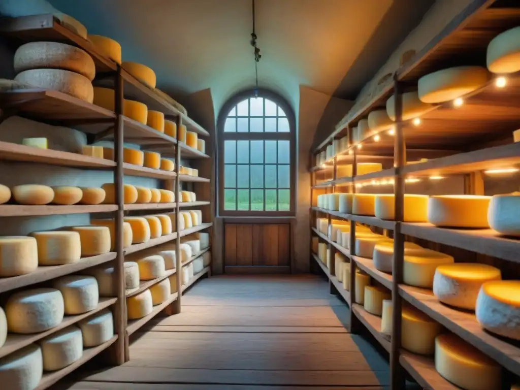 Antigua bodega de queso francés del siglo XIX con ruedas de queso envejeciendo en estantes de madera, iluminada por ventanas polvorientas