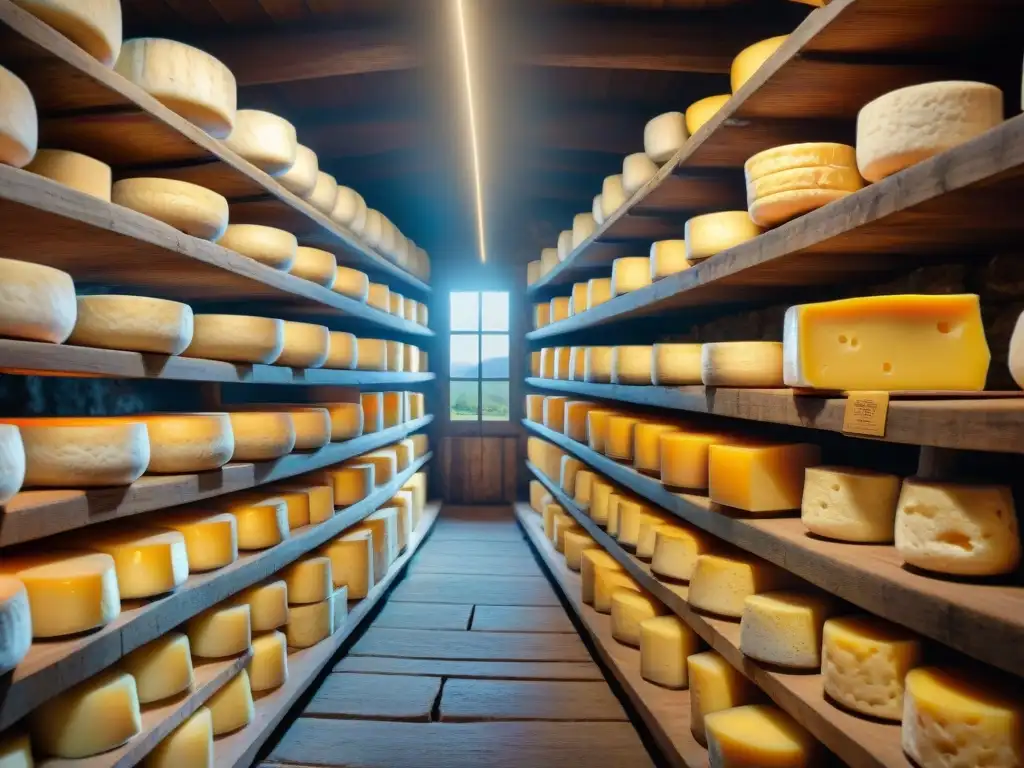 Antigua bodega de queso en los Vosgos con ruedas de Munster envejecido y detalles de moho, iluminada suavemente