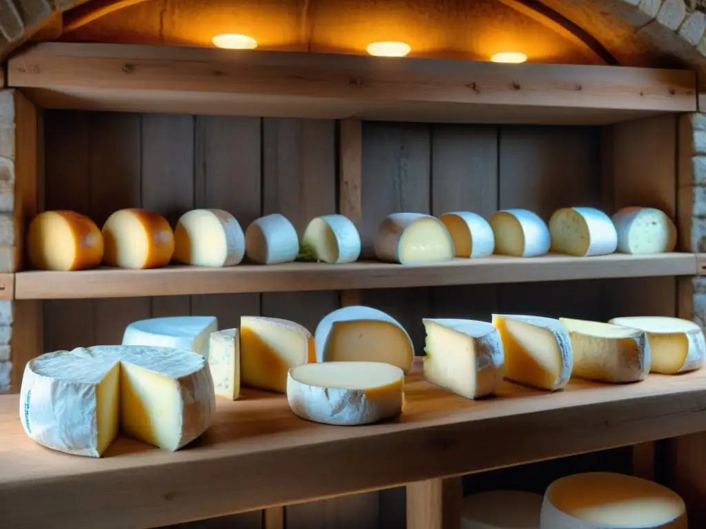 Antigua bodega de quesos franceses en Normandía con Camembert, Brie y Roquefort en estantes de madera, creando una atmósfera auténtica y rica