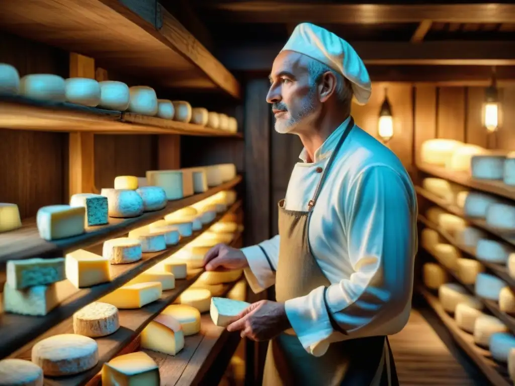 Antigua bodega de quesos franceses icónicos: Camembert, Brie y Roquefort envejeciendo en estantes de madera, historia y tradición en cada rincón