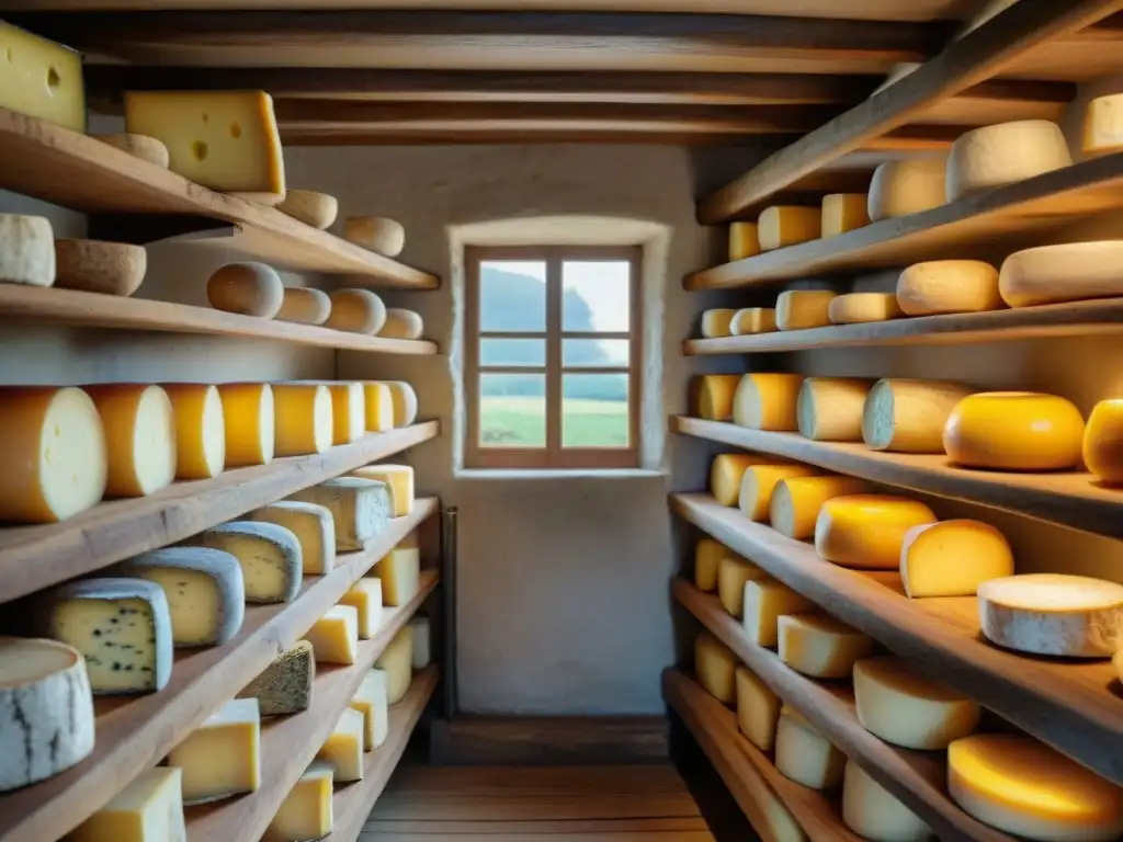 Antigua bodega de quesos franceses con historia y evolución de quesos franceses en estantes de madera iluminados por luz natural suave