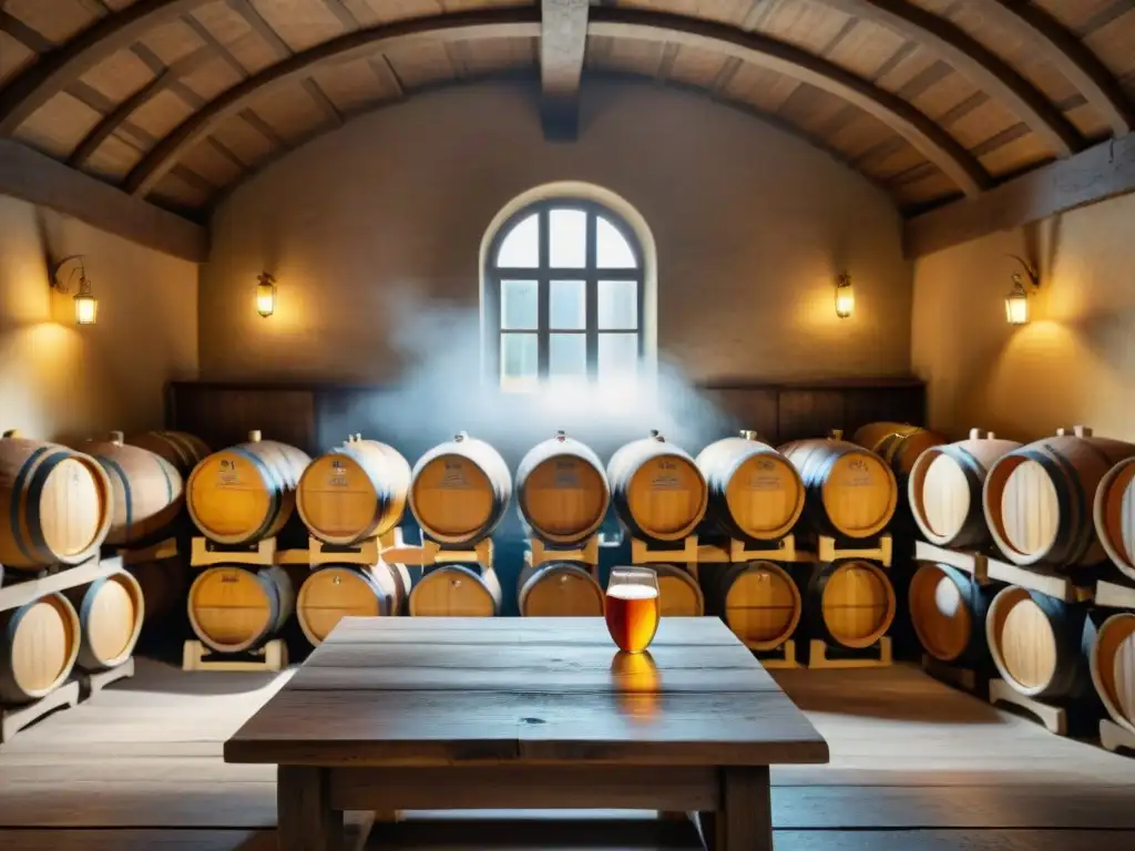 Antigua bodega de sidra francesa con barriles de madera y botellas en mesa