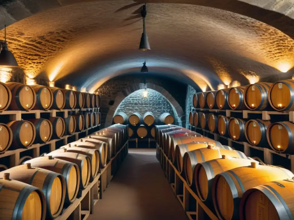 Antigua bodega de vinos subterránea en Francia con barriles de madera tallados, iluminada por linternas, evocando historias vinos tintos francia