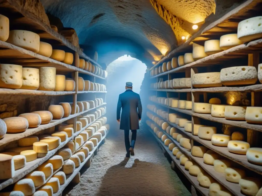 Antigua cueva de Roquefort-sur-Soulzon con historia quesos franceses icónicos envejeciendo en estantes de madera bajo tenue luz