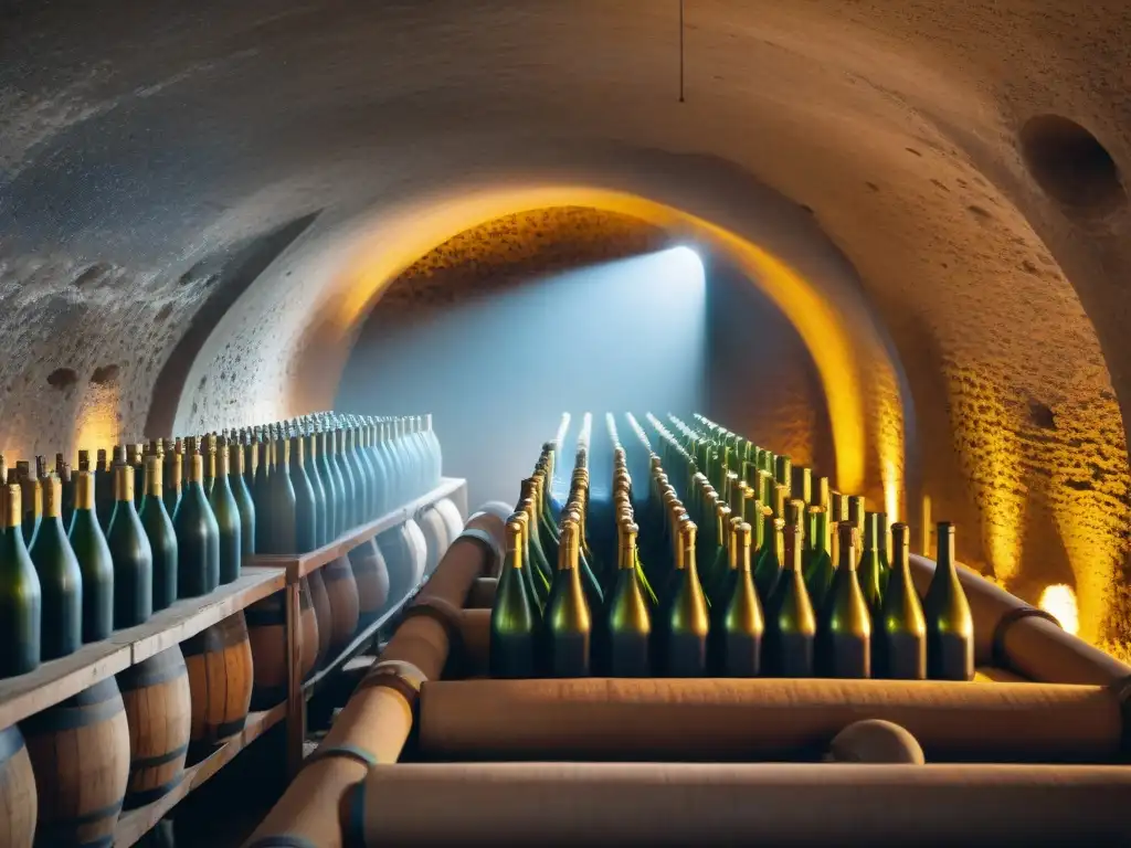 Antiguas cavas de Champagne con historia de elaboración, botellas en fermentación secundaria