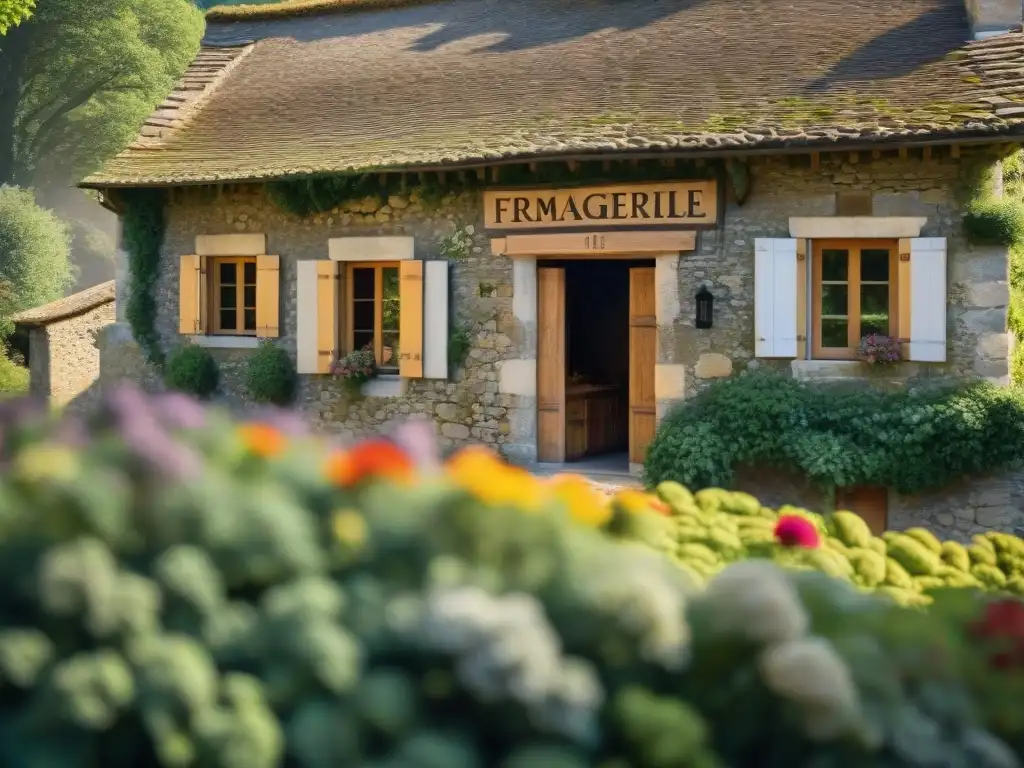 Un antiguo edificio de piedra en las colinas de Francia, con puertas de madera y ventanas floridas