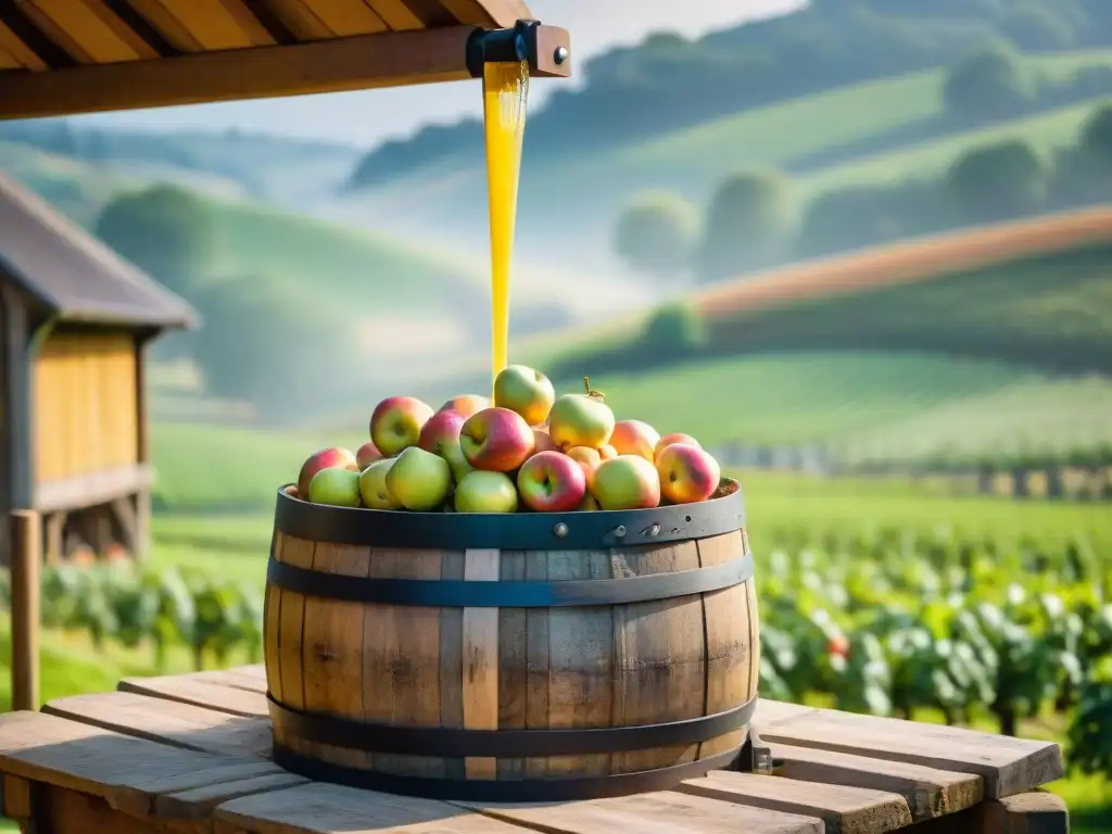 Un antiguo lagar de sidra en Normandía exprimiendo manzanas, con jugo fluyendo a un barril