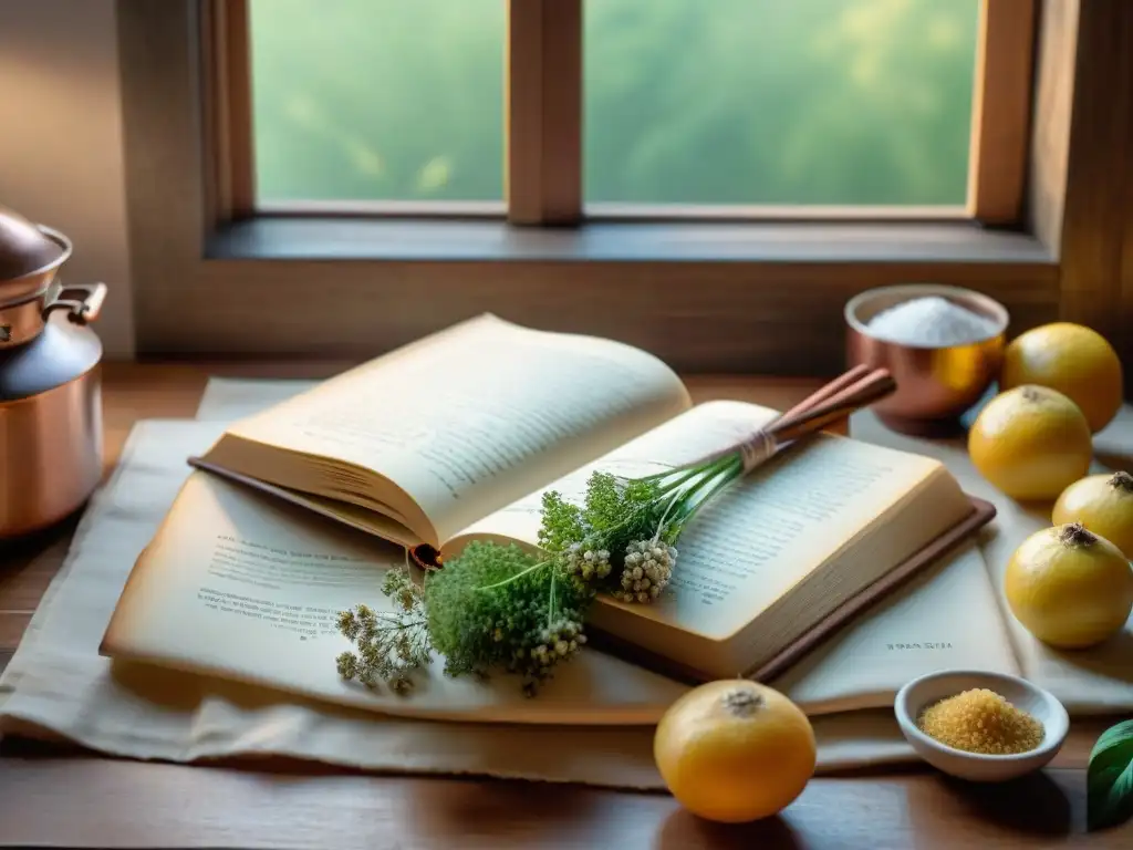 Un antiguo libro de cocina francés con ingredientes olvidados en una mesa de madera, bañado por luz natural cálida