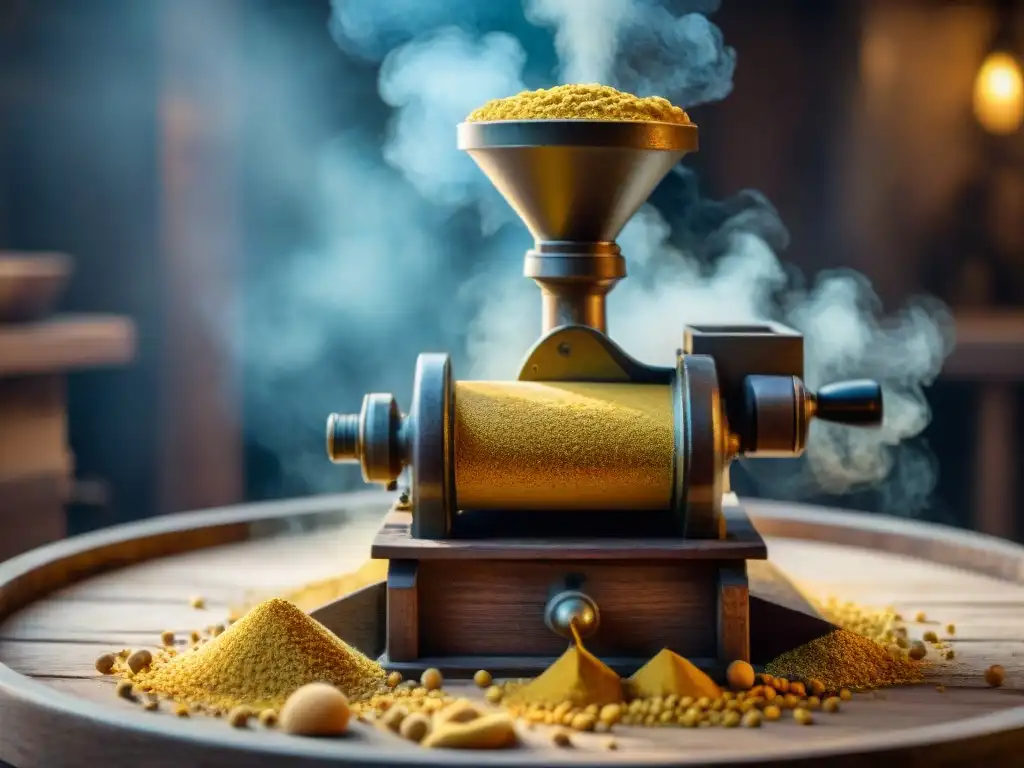 Antiguo molinillo de piedra para mostaza Dijon, con intrincados grabados y semillas en su interior, evocando la historia culinaria francesa