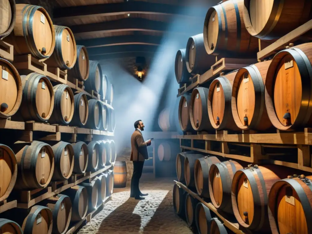 Un antiguo sótano de bodega en una vinícola francesa con barricas de vinos fermentados, iluminado por una tenue luz ambiental