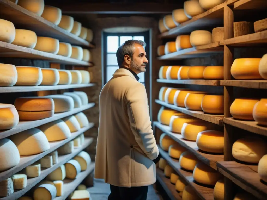 Un antiguo sótano francés con quesos Langres envejecidos en estantes de madera