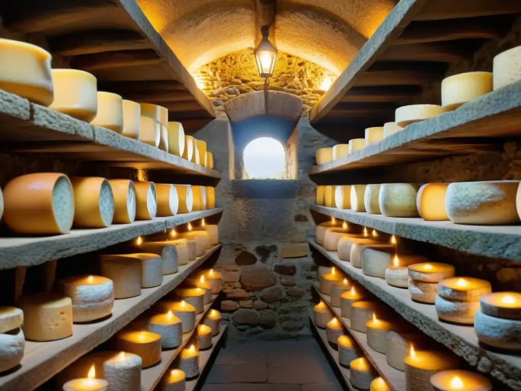 Antiguo sótano de piedra francés iluminado por antorchas, donde reposan quesos franceses tradicionales, mostrando sus historias