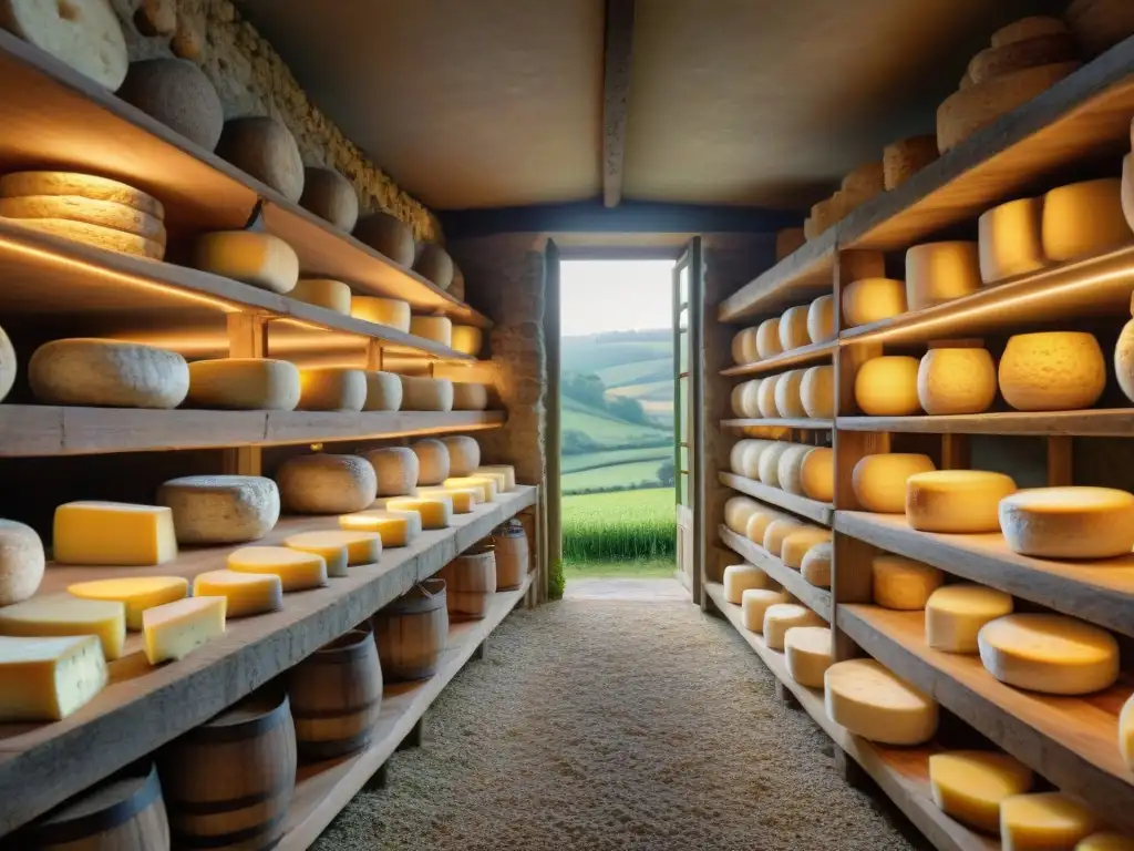 Un antiguo sótano de queso en una escena rural francesa, con quesos tradicionales como Camembert, Roquefort y Brie