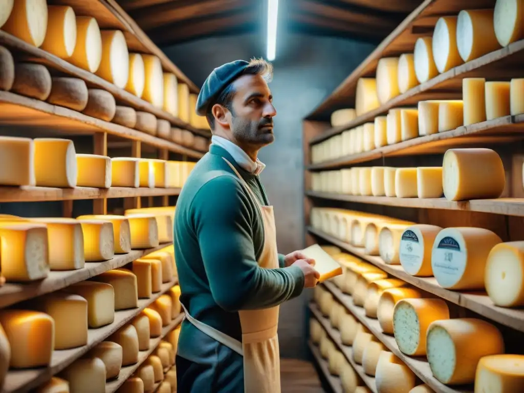 Un antiguo sótano de queso francés con filas de quesos envejecidos en estantes de madera, un maestro quesero inspeccionando una rueda de queso