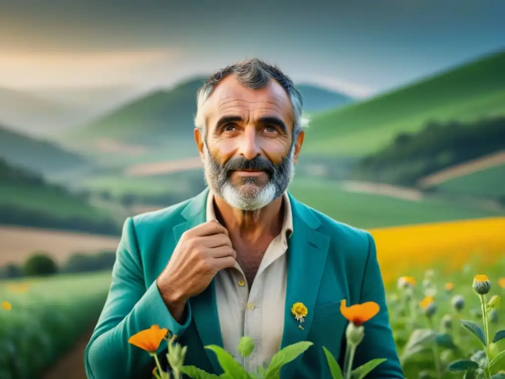 Un apasionado agricultor francés practica la sostenibilidad en los campos de Provenza, rodeado de naturaleza exuberante y flores silvestres coloridas