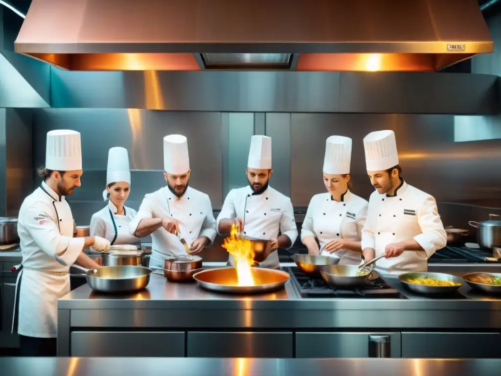 Apasionados chefs crean platos de alta cocina francesa en un bullicioso restaurante, fusionando técnicas tradicionales e innovadoras