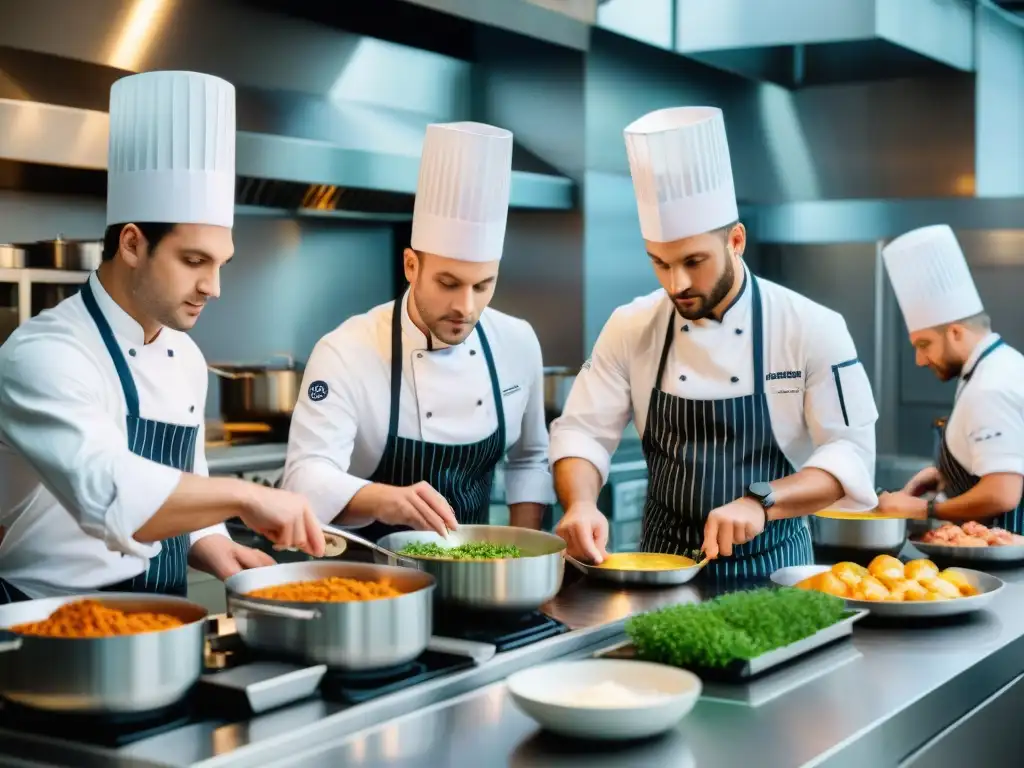 Apasionados chefs aprenden técnicas avanzadas de cocina francesa en una cocina profesional