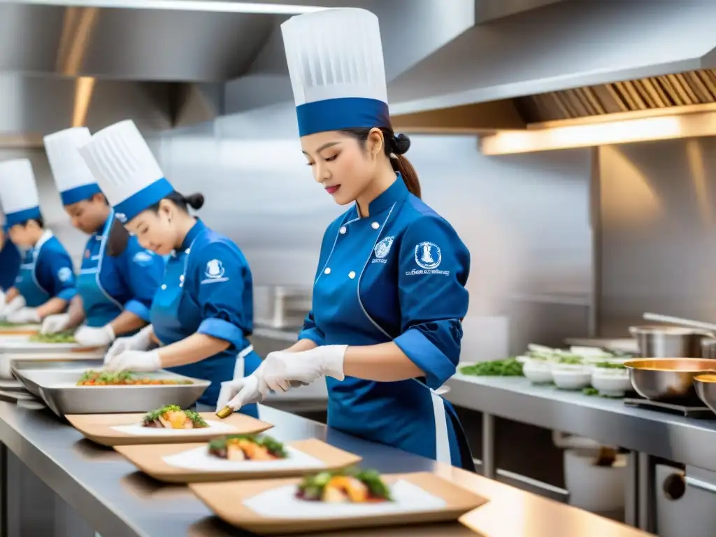 Apasionados estudiantes de la Escuela Culinaria Le Cordon Bleu preparando platos de alta cocina bajo la guía de instructores expertos