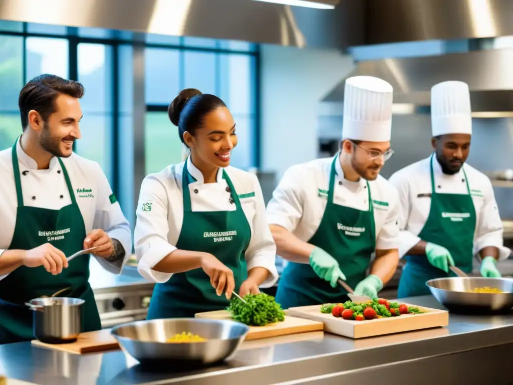 Apasionante clase de cocina en escuela gastronomía sostenible Francia, con estudiantes diversos en moderna cocina ecofriendly