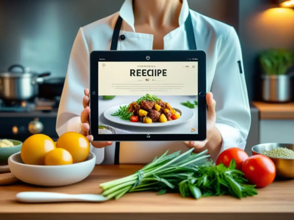 Una aplicación para preparar recetas francesas en una moderna tablet, rodeada de utensilios de cocina tradicionales y hierbas frescas