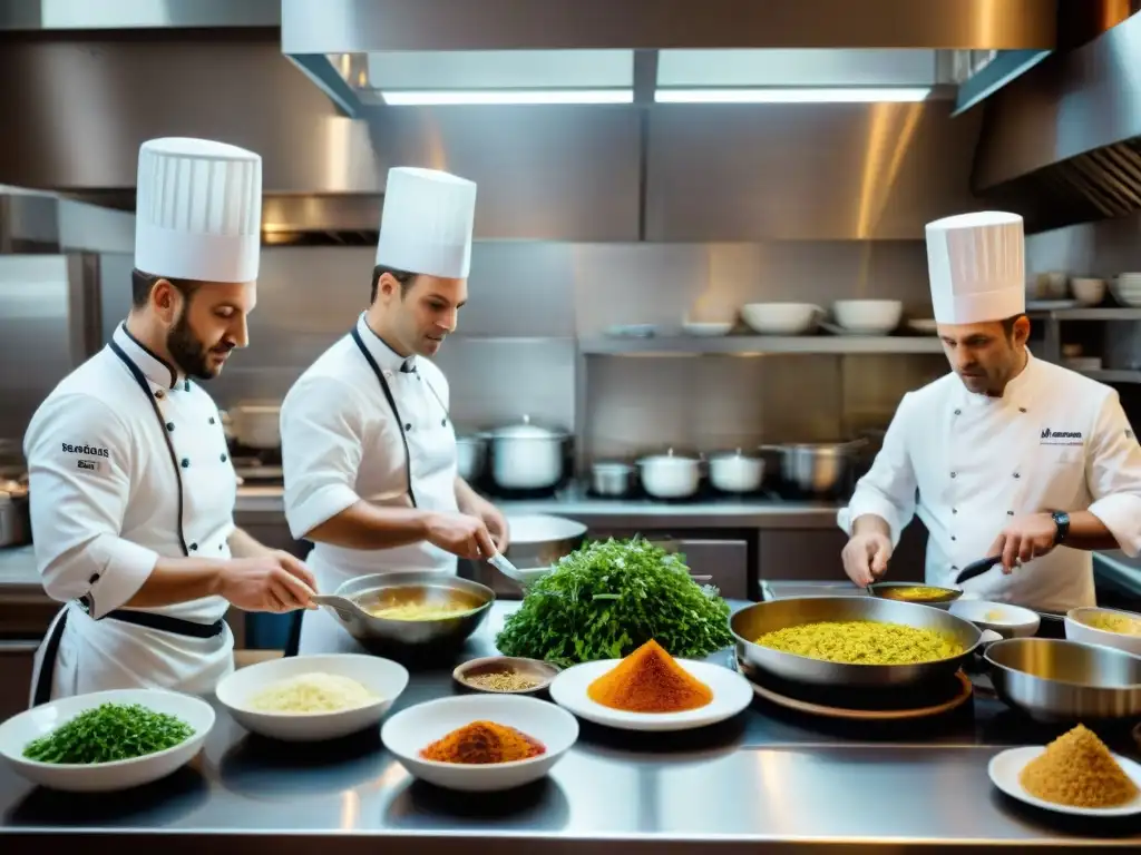 Aplicaciones para aprender cocina francesa: Cocina francesa en un bullicioso ambiente culinario lleno de chefs trabajando en platos franceses