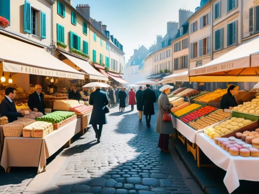 Aplicaciones de recetas tradicionales francesas: Mercado bullicioso con baguettes, macarons y quesos, bajo el sol en calles empedradas de Francia