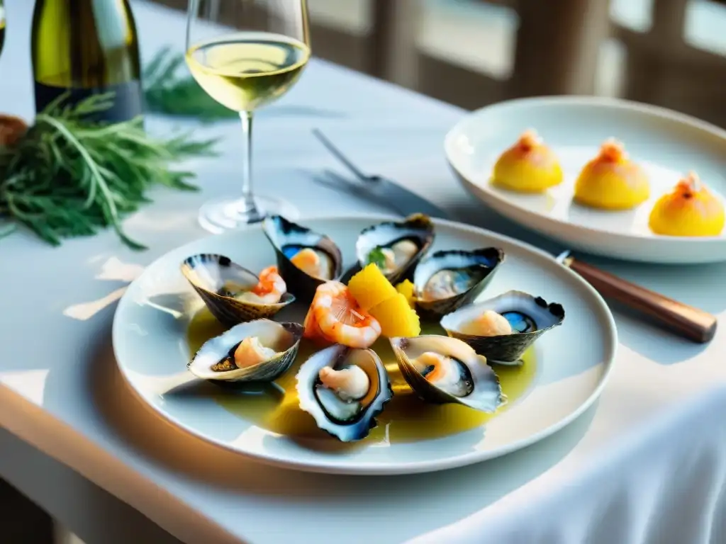 Una armonía gastronómica: vino blanco francés maridaje platillo con exquisitos mariscos en elegante presentación