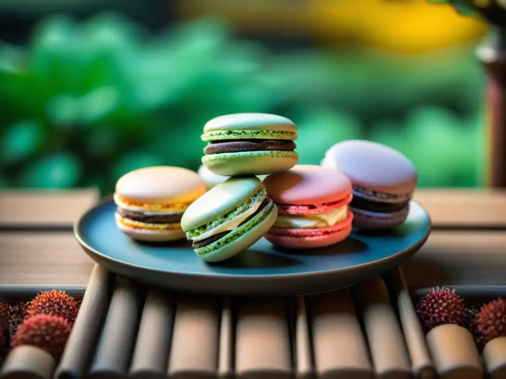 Una armonía gastronómica entre Francia y Japón: macarons delicados en una ceremonia de té japonesa con jardín de fondo