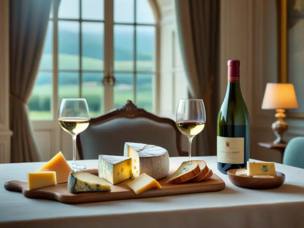 Armonías entre queso, vino y cocina en una mesa francesa sofisticada con luz natural y ambiente chateau