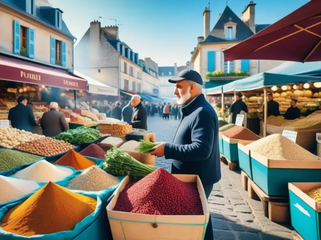 Aromas de Francia en mercados: Escena vibrante de un mercado francés con especias, hierbas y clientes interactuando