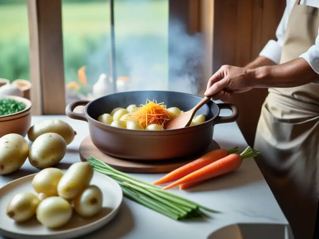 El arte de preparar Baeckeoffe: capas de papas, cebollas, zanahorias y carnes en olla de barro, receta Baeckeoffe guiso alsaciano