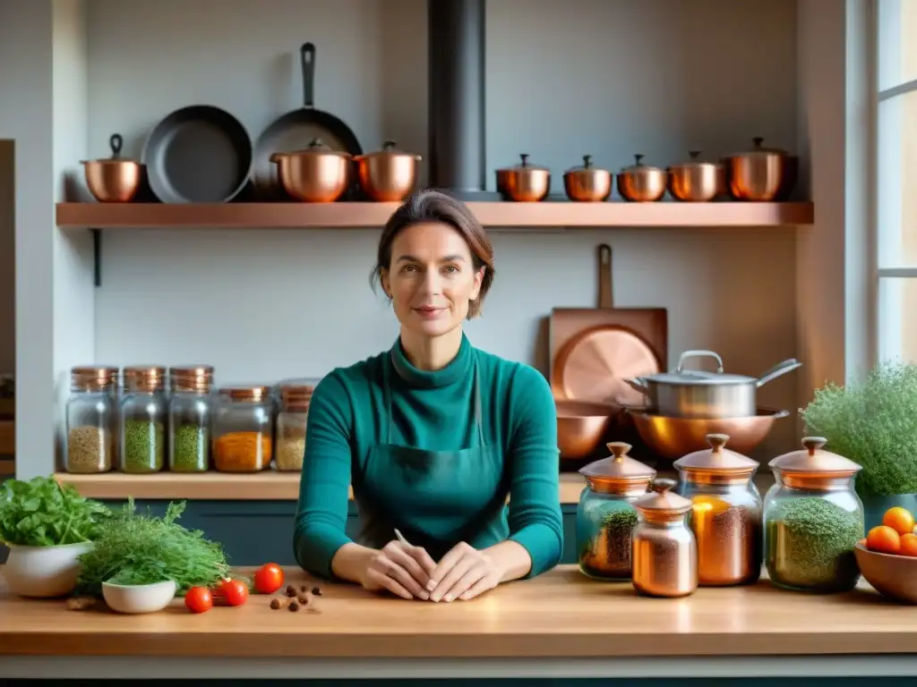 Hélène Darroze concentra su arte culinario en su bulliciosa cocina parisina, rodeada de utensilios de cobre y especias en tarros