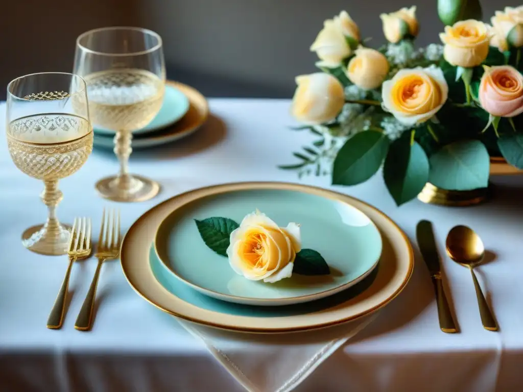Guía detallada para decorar una mesa al estilo francés Arte culinario francés: mesa elegante con mantel blanco, vajilla fina, cubiertos de plata y copas de vino, decorada con rosas pastel