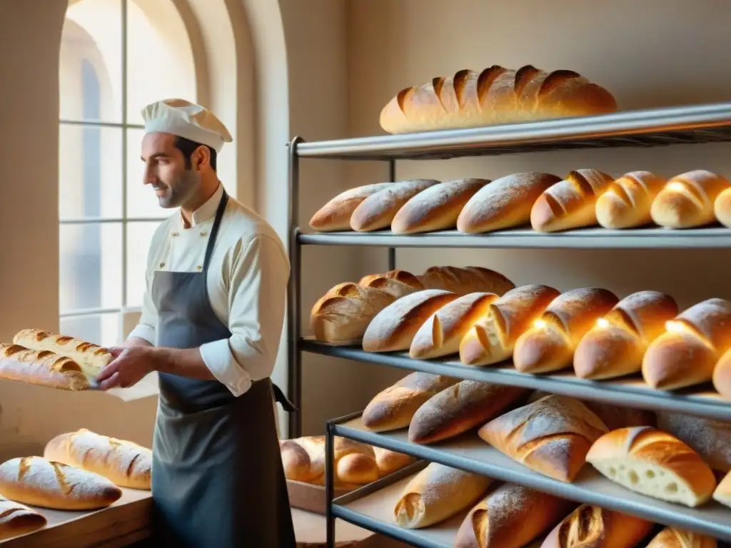 El arte de la fermentación en la gastronomía francesa: panadería tradicional con baguettes recién horneadas y un panadero moldeando masa